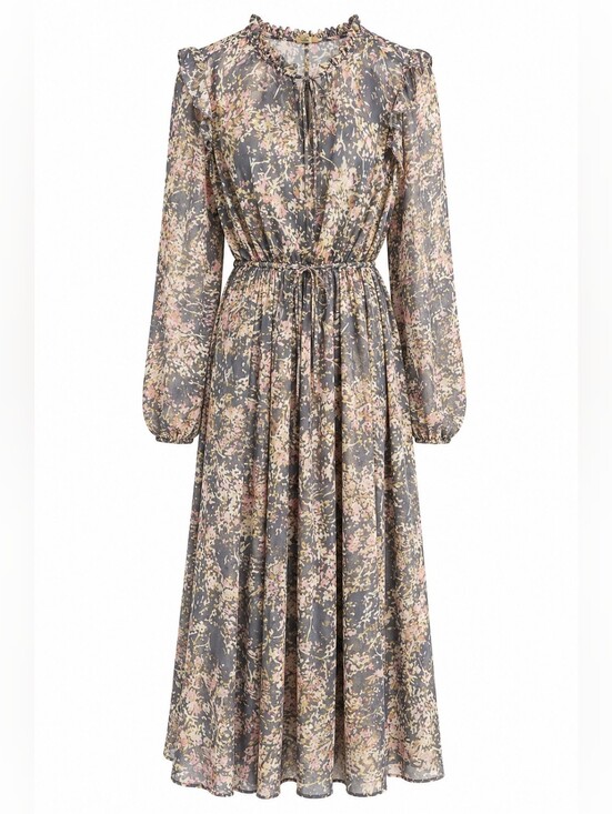 a.n.a Dresses & Skirts - ANA Gray Floral Maxi Dress, Sheer Balloon Sleeves, Lined Slip, Cinched Waist, L